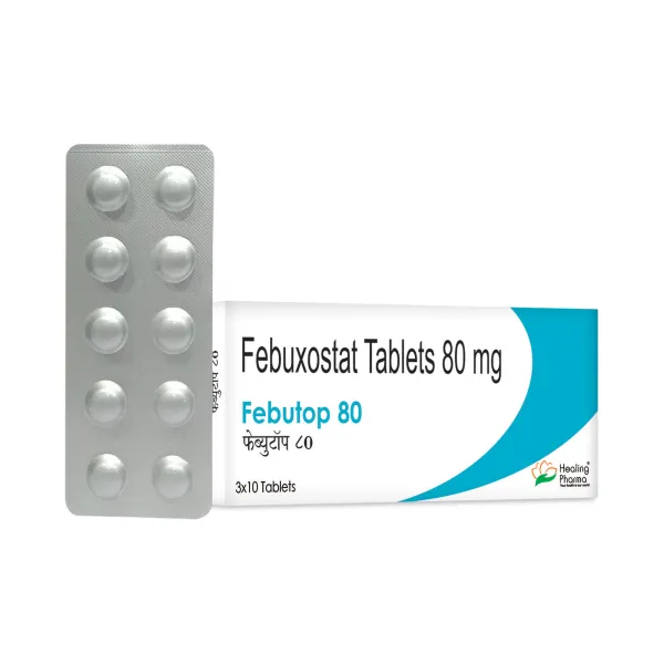 “Febutop 80 mg tablets – febuxostat-based higher-strength gout medication, used for uric acid reduction and hyperuricemia management. Packaged in a white and blue blister strip with dosage labeling.”