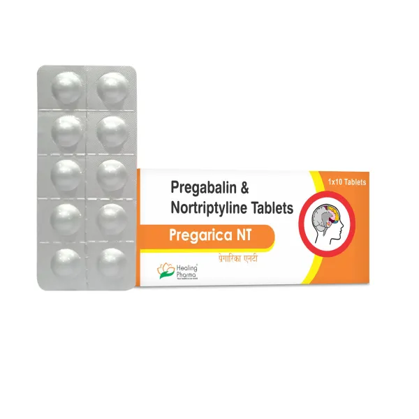 “Pregarica NT tablets – combination medication for neuropathic pain relief and nerve health support. Packaged in a white and blue blister strip with clear dosage labeling.”