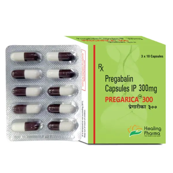 Pregarica 300 mg capsules – prescription medication for neuropathic pain, fibromyalgia, and partial-onset seizures. Packaged in a white and purple blister strip with clear dosage labeling.